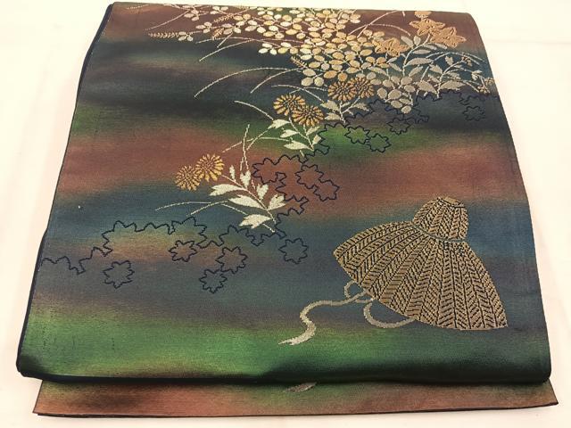 平和屋着物◎六通柄袋帯 エ霞花文 金糸 引箔 正絹 逸品 BAAW1617mz