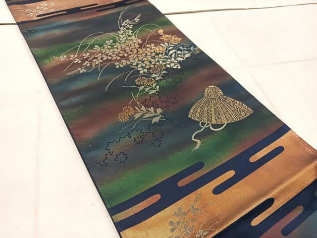 平和屋着物◎六通柄袋帯 エ霞花文 金糸 引箔 正絹 逸品 BAAW1617mz