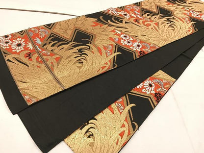 平和屋着物◎六通柄袋帯 草花文 黒地 金糸 正絹 逸品 BAAW1631mz