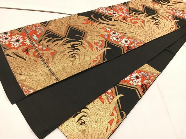 平和屋着物◎六通柄袋帯 草花文 黒地 金糸 正絹 逸品 BAAW1631mz