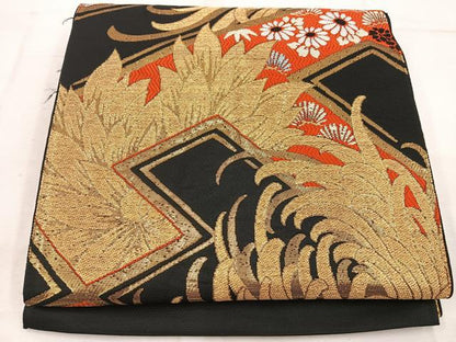 平和屋着物◎六通柄袋帯 草花文 黒地 金糸 正絹 逸品 BAAW1631mz