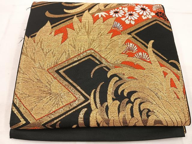 平和屋着物◎六通柄袋帯 草花文 黒地 金糸 正絹 逸品 BAAW1631mz