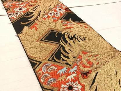 平和屋着物◎六通柄袋帯 草花文 黒地 金糸 正絹 逸品 BAAW1631mz