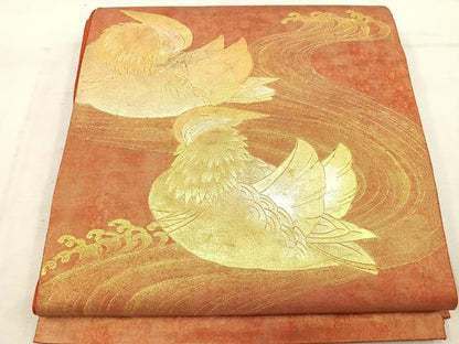 平和屋着物◎太鼓柄袋帯 鴛鴦立波文 金彩 引箔 正絹 逸品 BAAW1640mz