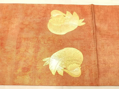 平和屋着物◎太鼓柄袋帯 鴛鴦立波文 金彩 引箔 正絹 逸品 BAAW1640mz