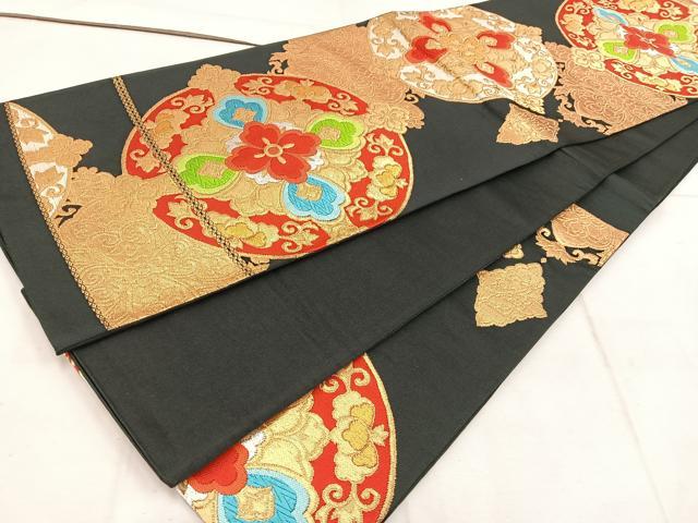 平和屋着物◎六通柄袋帯 唐織 宝相華 黒地 金銀糸 正絹 逸品 BAAW1647mz
