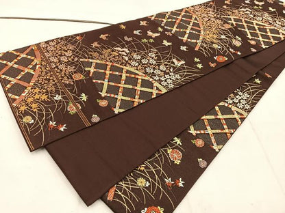平和屋着物◎六通柄袋帯 唐織 籬花蝶文 金糸 正絹 逸品 BAAW1651mz