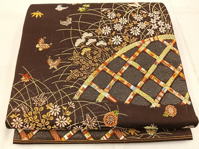 平和屋着物◎六通柄袋帯 唐織 籬花蝶文 金糸 正絹 逸品 BAAW1651mz