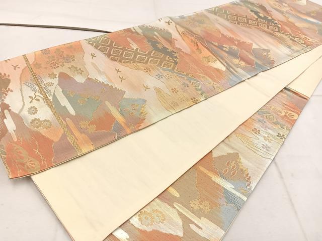 平和屋着物◎六通柄袋帯　遠山花鳥文　金糸　正絹　逸品　BAAW1666mz