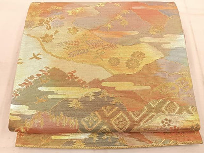 平和屋着物◎六通柄袋帯　遠山花鳥文　金糸　正絹　逸品　BAAW1666mz