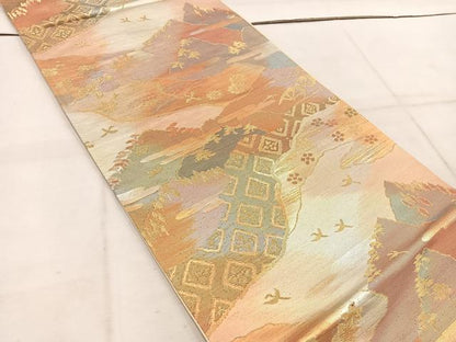 平和屋着物◎六通柄袋帯　遠山花鳥文　金糸　正絹　逸品　BAAW1666mz
