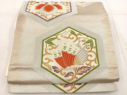 平和屋着物◎六通柄袋帯 亀甲花蝶文 金銀糸 三越扱い 正絹 逸品 BAAW1674mz