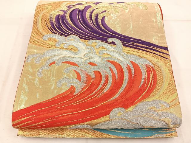 平和屋着物◎六通柄袋帯　唐織　立波文　金銀糸　正絹　逸品　BAAW1675mz