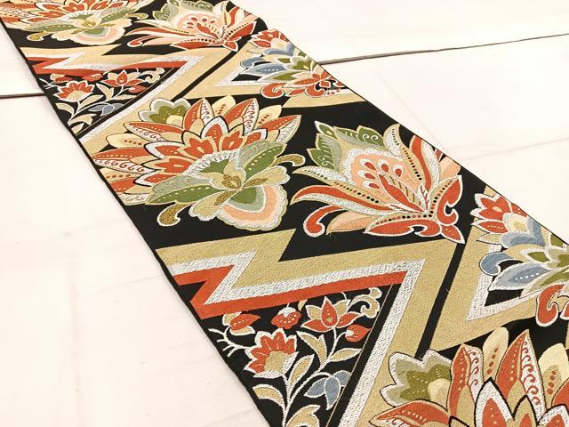 平和屋着物◎六通柄袋帯 更紗花文 黒地 金銀糸 正絹 逸品 BAAW1679mz