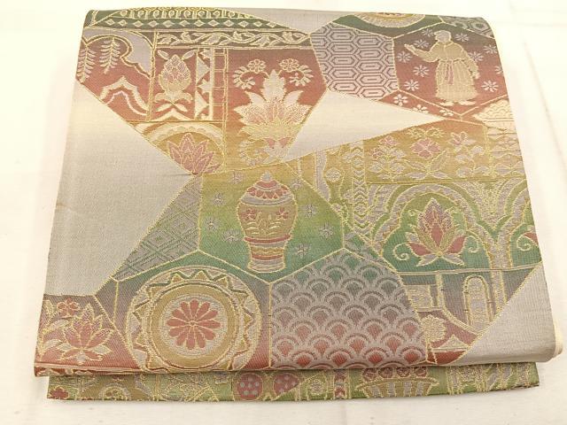 平和屋着物◎六通柄袋帯 切嵌人物花文 金糸 正絹 逸品 BAAW1681mz