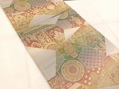 平和屋着物◎六通柄袋帯 切嵌人物花文 金糸 正絹 逸品 BAAW1681mz