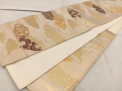 平和屋着物◎六通柄袋帯 雲取り亀甲花文 金糸 正絹 逸品 BAAW1683mz