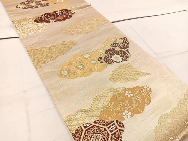 平和屋着物◎六通柄袋帯 雲取り亀甲花文 金糸 正絹 逸品 BAAW1683mz