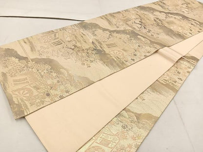 平和屋着物◎六通柄袋帯 御所車花文 金糸 正絹 逸品 BAAW1686mz