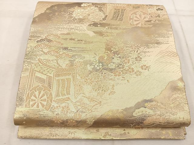 平和屋着物◎六通柄袋帯 御所車花文 金糸 正絹 逸品 BAAW1686mz