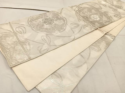 平和屋着物◎六通柄袋帯　鏡裏花文　銀糸　正絹　逸品　BAAW1690mz