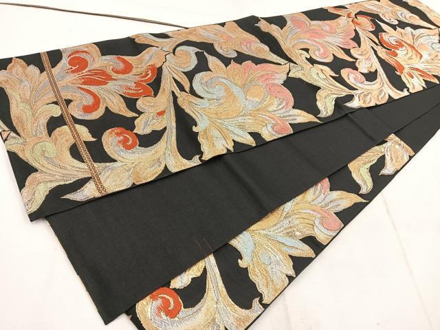 平和屋着物◎六通柄　本袋帯　更紗花文　黒地　金銀糸　正絹　逸品　BAAW1707mz