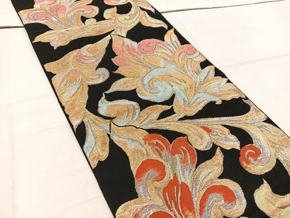 平和屋着物◎六通柄　本袋帯　更紗花文　黒地　金銀糸　正絹　逸品　BAAW1707mz