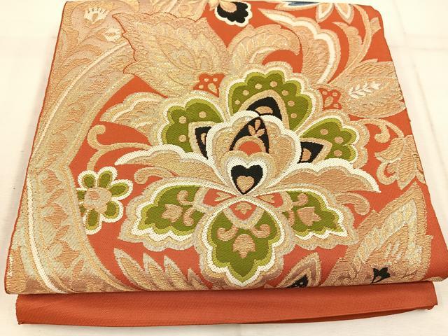 平和屋着物◎六通柄　本袋帯　更紗花文　金糸　正絹　逸品　BAAW1709mz