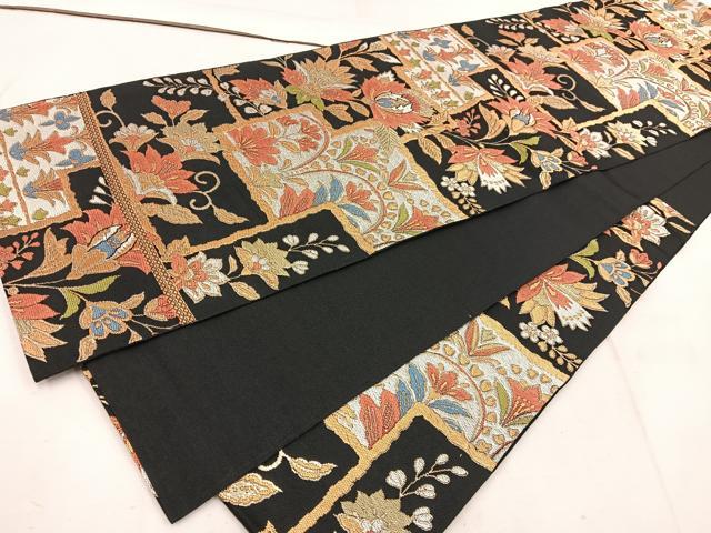 平和屋着物◎六通柄 本袋帯 更紗花文 黒地 金銀糸 正絹 逸品 BAAW1718mz