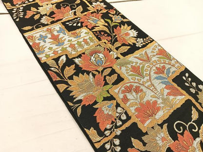 平和屋着物◎六通柄 本袋帯 更紗花文 黒地 金銀糸 正絹 逸品 BAAW1718mz