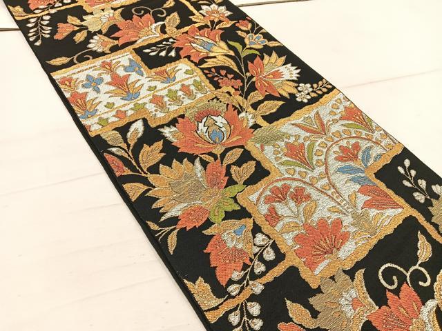 平和屋着物◎六通柄 本袋帯 更紗花文 黒地 金銀糸 正絹 逸品 BAAW1718mz