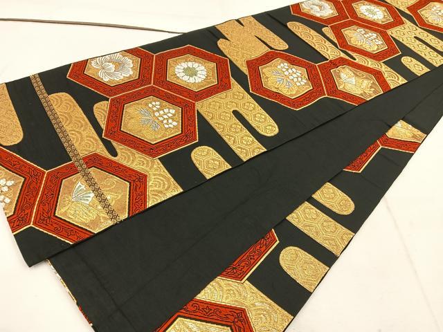 平和屋着物◎六通柄　本袋帯　唐織　都錦　エ霞亀甲花文　黒地　金糸　正絹　逸品　BAAW1722mz