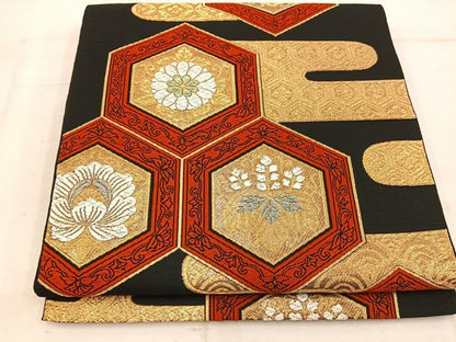 平和屋着物◎六通柄　本袋帯　唐織　都錦　エ霞亀甲花文　黒地　金糸　正絹　逸品　BAAW1722mz