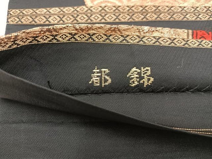 平和屋着物◎六通柄　本袋帯　唐織　都錦　エ霞亀甲花文　黒地　金糸　正絹　逸品　BAAW1722mz