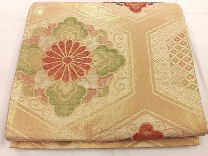 平和屋着物◎佐賀錦 六通柄袋帯 亀甲花文 金糸 正絹 逸品 BAAW1725mz