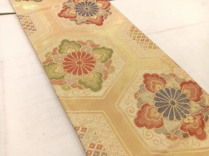 平和屋着物◎佐賀錦 六通柄袋帯 亀甲花文 金糸 正絹 逸品 BAAW1725mz