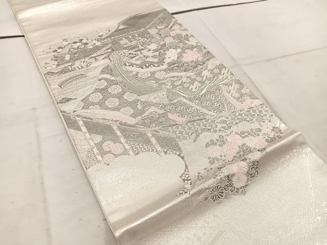 平和屋着物◎太鼓柄袋帯　唐織　薫香几帳式部図　銀糸　正絹　逸品　BAAW1728mz
