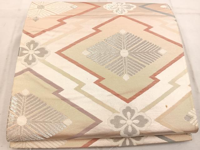 平和屋着物◎六通柄袋帯 唐織 松皮菱花文 銀糸 正絹 逸品 BAAW1734mz