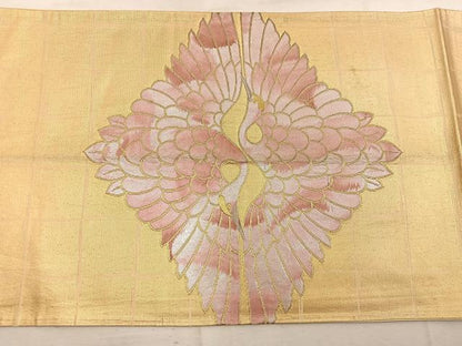 平和屋着物◎太鼓柄袋帯　双鶴　金糸　引箔　正絹　逸品　BAAW1742mz