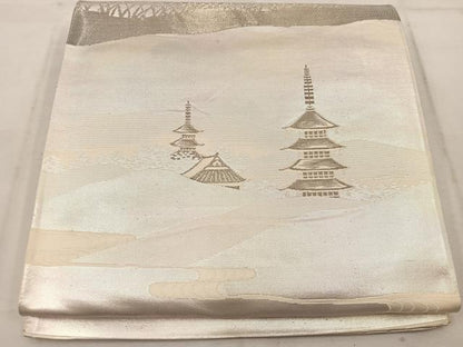 平和屋着物◎西陣　六通柄袋帯　風景文　銀糸　正絹　逸品　BAAW1756mz