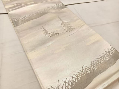 平和屋着物◎西陣　六通柄袋帯　風景文　銀糸　正絹　逸品　BAAW1756mz