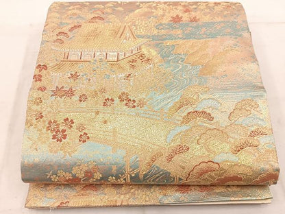 平和屋着物◎六通柄袋帯　風景花文　金銀糸　正絹　逸品　BAAW1757mz