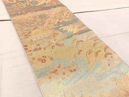 平和屋着物◎六通柄袋帯　風景花文　金銀糸　正絹　逸品　BAAW1757mz