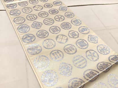 平和屋着物◎六通柄袋帯　吉祥丸文　銀糸　引箔　正絹　逸品　BAAW1758mz