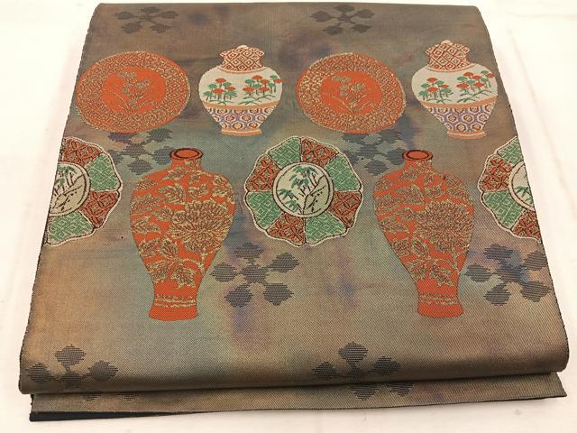 平和屋着物◎西陣　服部織物謹製　六通柄袋帯　こはく錦　陶器花文　金糸　正絹　逸品　BAAW1760mz