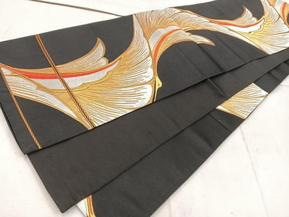 平和屋着物◎六通柄袋帯　飛鶴文　黒地　金銀糸　正絹　逸品　BAAW1761mz