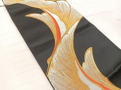 平和屋着物◎六通柄袋帯　飛鶴文　黒地　金銀糸　正絹　逸品　BAAW1761mz