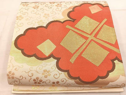 平和屋着物◎六通柄袋帯　雲重ね花文　金糸　正絹　逸品　BAAW1764mz