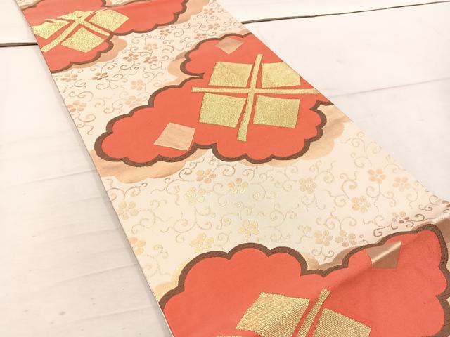 平和屋着物◎六通柄袋帯　雲重ね花文　金糸　正絹　逸品　BAAW1764mz