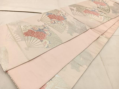 平和屋着物◎六通柄袋帯　唐織　扇面御所車花文　銀糸　正絹　逸品　BAAW1774mz